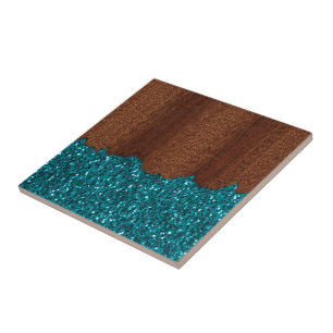 Aqua blue sparkles glitter rustige bruin hout tegeltje