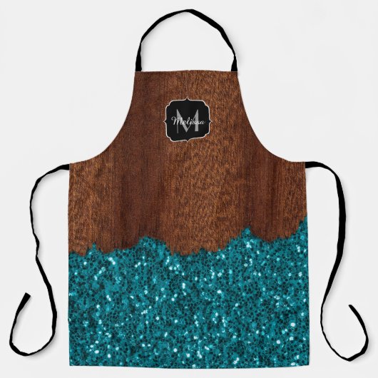 Aqua blue sparkles glitter rustige wood Monogram Schort (Voorkant)