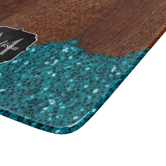 Aqua blue sparkles glitter rustige wood Monogram Snijplank (Hoek)
