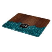 Aqua blue sparkles glitter rustige wood Monogram Snijplank (Hoek)