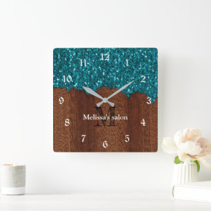 Aqua blue sparkles rustig wood Salon Monogram Vierkante Klok