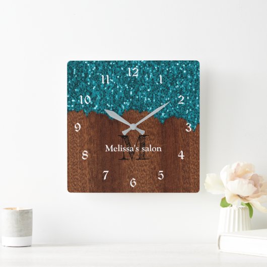 Aqua blue sparkles rustig wood Salon Monogram Vierkante Klok (Huis)
