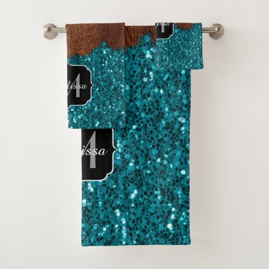 Aqua blue sparkles rustige bruin hout Monogram Bad Handdoek (Insitu)