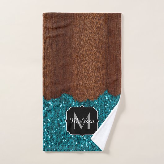 Aqua blue sparkles rustige bruin hout Monogram Bad Handdoek (Handdoek)