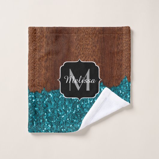 Aqua blue sparkles rustige bruin hout Monogram Bad Handdoek (Wasdoekje)