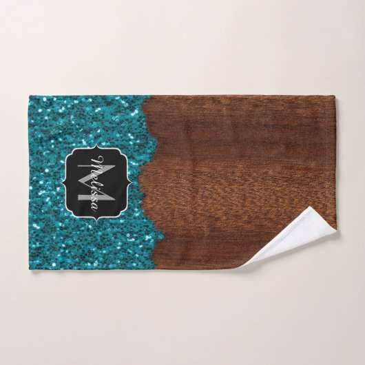 Aqua blue sparkles rustige bruin hout Monogram Bad Handdoek (Handdoek)