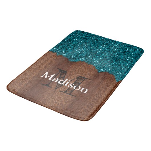 Aqua blue sparkles rustige bruin hout Monogram Badmat (Gekanteld)