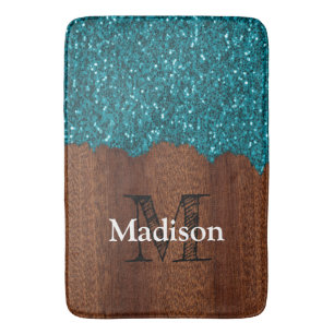 Aqua blue sparkles rustige bruin hout Monogram Badmat