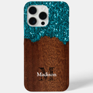 Aqua blue sparkles rustige bruin hout Monogram iPhone 15 Pro Max Hoesje