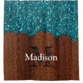 Aqua blue sparkles rustige bruin hout Monogram Douchegordijn (Voorkant)