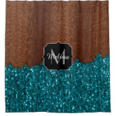 Aqua blue sparkles rustige bruin hout Monogram Douchegordijn (Voorkant)