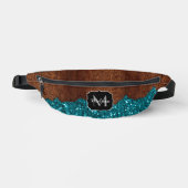 Aqua blue sparkles rustige bruin hout Monogram Heuptasje (Voorkant)