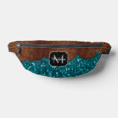 Aqua blue sparkles rustige bruin hout Monogram Heuptasje (Liggend)