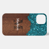 Aqua blue sparkles rustige bruin hout Monogram iPhone Hoesje (Achterkant horizontaal)