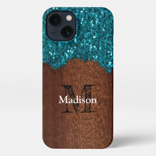 Aqua blue sparkles rustige bruin hout Monogram iPhone Hoesje (Achterkant)