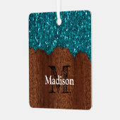 Aqua blue sparkles rustige bruin hout Monogram Metalen Ornament (Voorkant links)