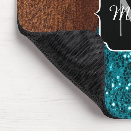 Aqua blue sparkles rustige bruin hout Monogram Muismat (Hoek)
