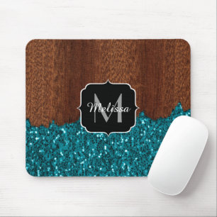 Aqua blue sparkles rustige bruin hout Monogram Muismat