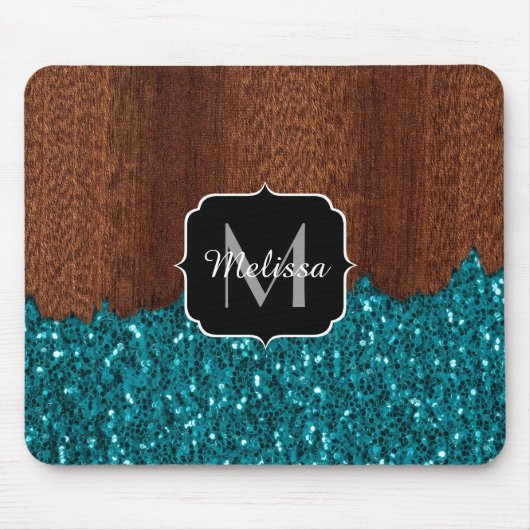 Aqua blue sparkles rustige bruin hout Monogram Muismat (Voorkant)
