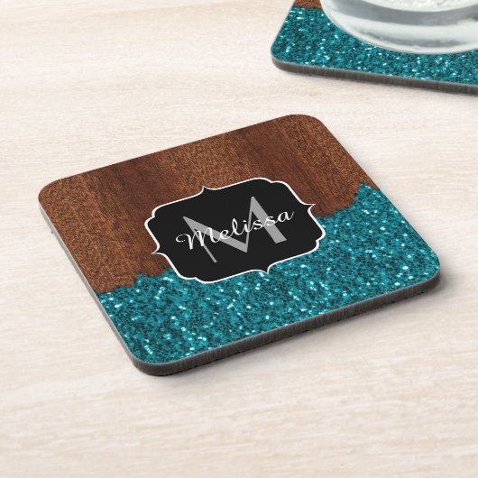 Aqua blue sparkles rustige bruin hout Monogram Onderzetter (Linkerzijde)
