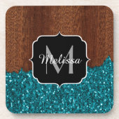 Aqua blue sparkles rustige bruin hout Monogram Onderzetter (Voorkant)