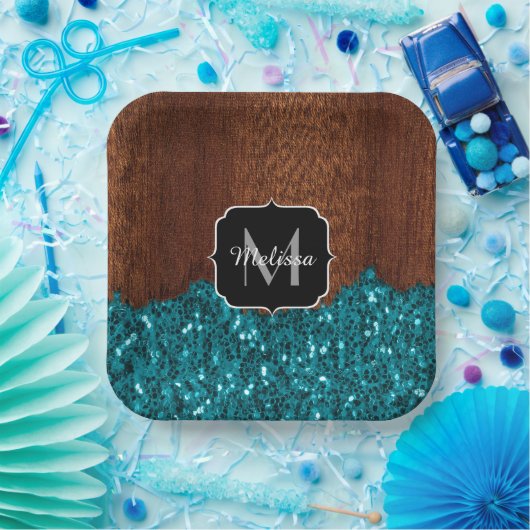 Aqua blue sparkles rustige bruin hout Monogram Papieren Bordje (Feest)