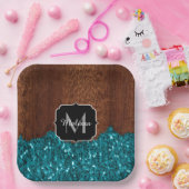 Aqua blue sparkles rustige bruin hout Monogram Papieren Bordje (Feest)