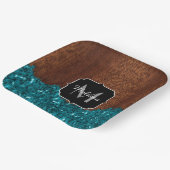 Aqua blue sparkles rustige bruin hout Monogram Papieren Bordje (Gebogen)