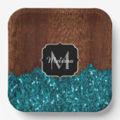 Aqua blue sparkles rustige bruin hout Monogram Papieren Bordje (Voorkant)
