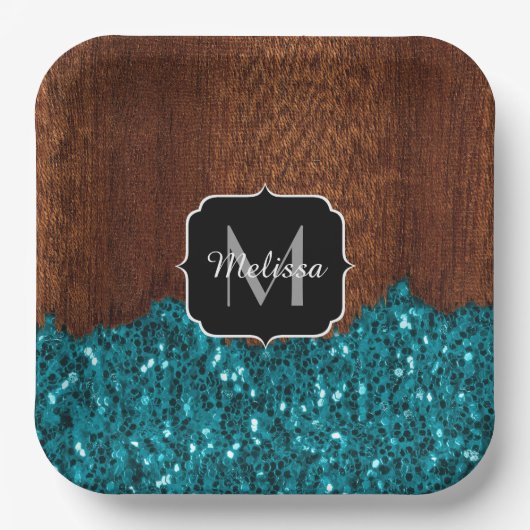 Aqua blue sparkles rustige bruin hout Monogram Papieren Bordje (Voorkant)