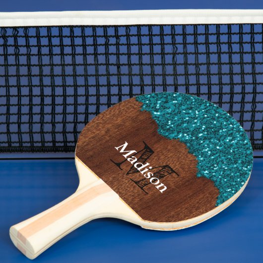 Aqua blue sparkles rustige bruin hout Monogram Tafeltennisbatje (Insitu)