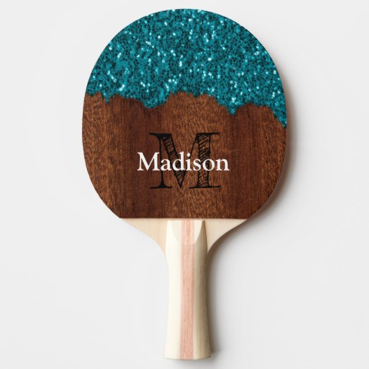 Aqua blue sparkles rustige bruin hout Monogram Tafeltennisbatje (Voorkant)