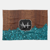 Aqua blue sparkles rustige bruin hout Monogram Theedoek (Horizontaal)