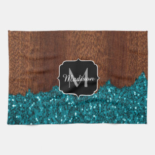 Aqua blue sparkles rustige bruin hout Monogram Theedoek