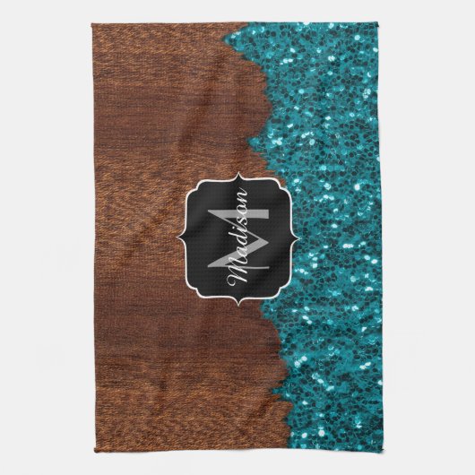 Aqua blue sparkles rustige bruin hout Monogram Theedoek (Verticaal)