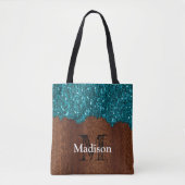 Aqua blue sparkles rustige bruin hout Monogram Tote Bag (Voorkant)
