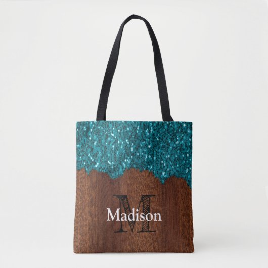 Aqua blue sparkles rustige bruin hout Monogram Tote Bag (Voorkant)