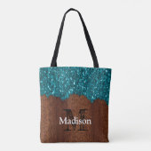 Aqua blue sparkles rustige bruin hout Monogram Tote Bag (Achterkant)