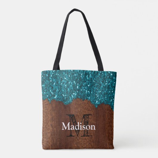 Aqua blue sparkles rustige bruin hout Monogram Tote Bag (Achterkant)
