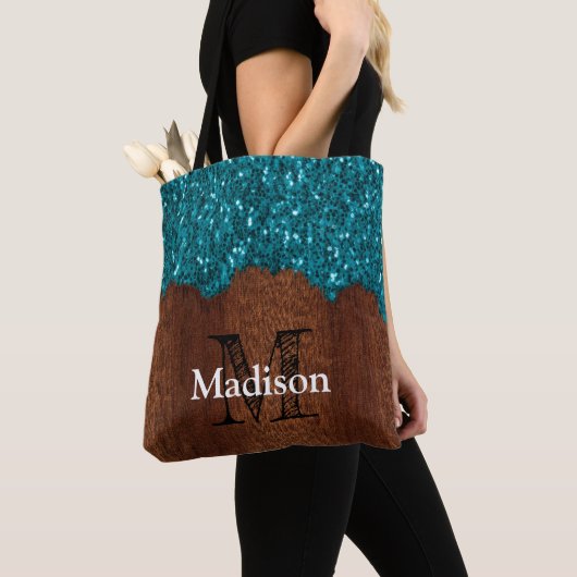 Aqua blue sparkles rustige bruin hout Monogram Tote Bag (Dichtbij)
