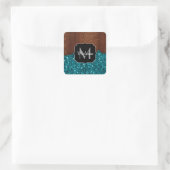 Aqua blue sparkles rustige bruin hout Monogram Vierkante Sticker (Tas)