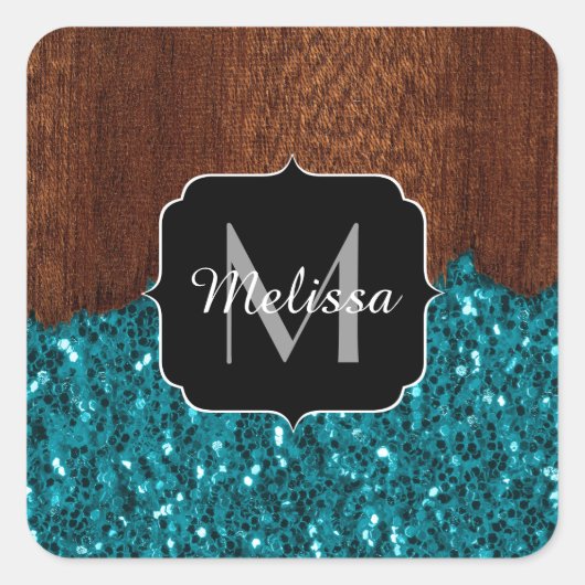 Aqua blue sparkles rustige bruin hout Monogram Vierkante Sticker (Voorkant)
