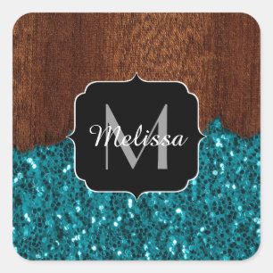 Aqua blue sparkles rustige bruin hout Monogram Vierkante Sticker