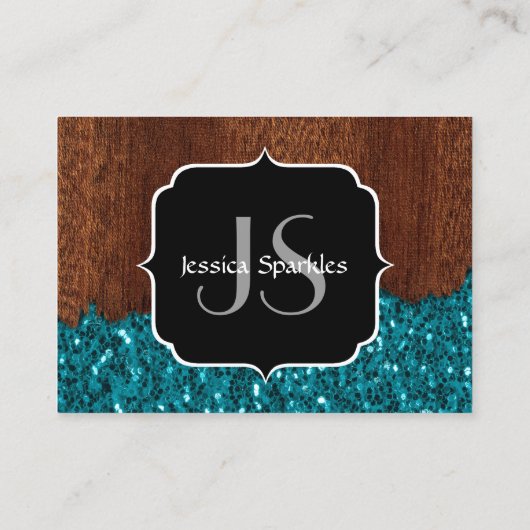 Aqua blue sparkles rustige bruin hout Monogram Visitekaartje (Achterkant)