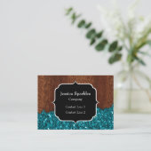 Aqua blue sparkles rustige bruin hout Monogram Visitekaartje (Staand voorkant)