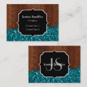 Aqua blue sparkles rustige bruin hout Monogram Visitekaartje (Voorkant / Achterkant)
