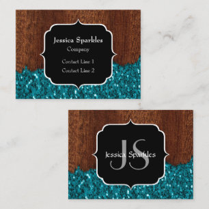 Aqua blue sparkles rustige bruin hout Monogram Visitekaartje
