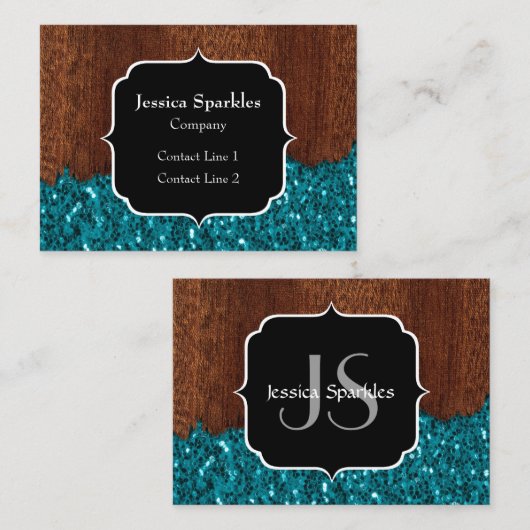 Aqua blue sparkles rustige bruin hout Monogram Visitekaartje (Voorkant / Achterkant)