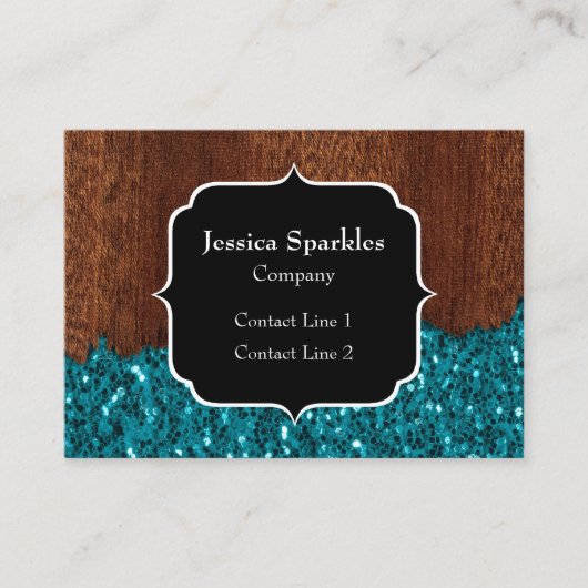 Aqua blue sparkles rustige bruin hout Monogram Visitekaartje (Voorkant)