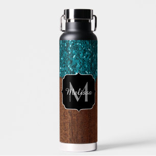 Aqua blue sparkles rustige bruin hout Monogram Waterfles